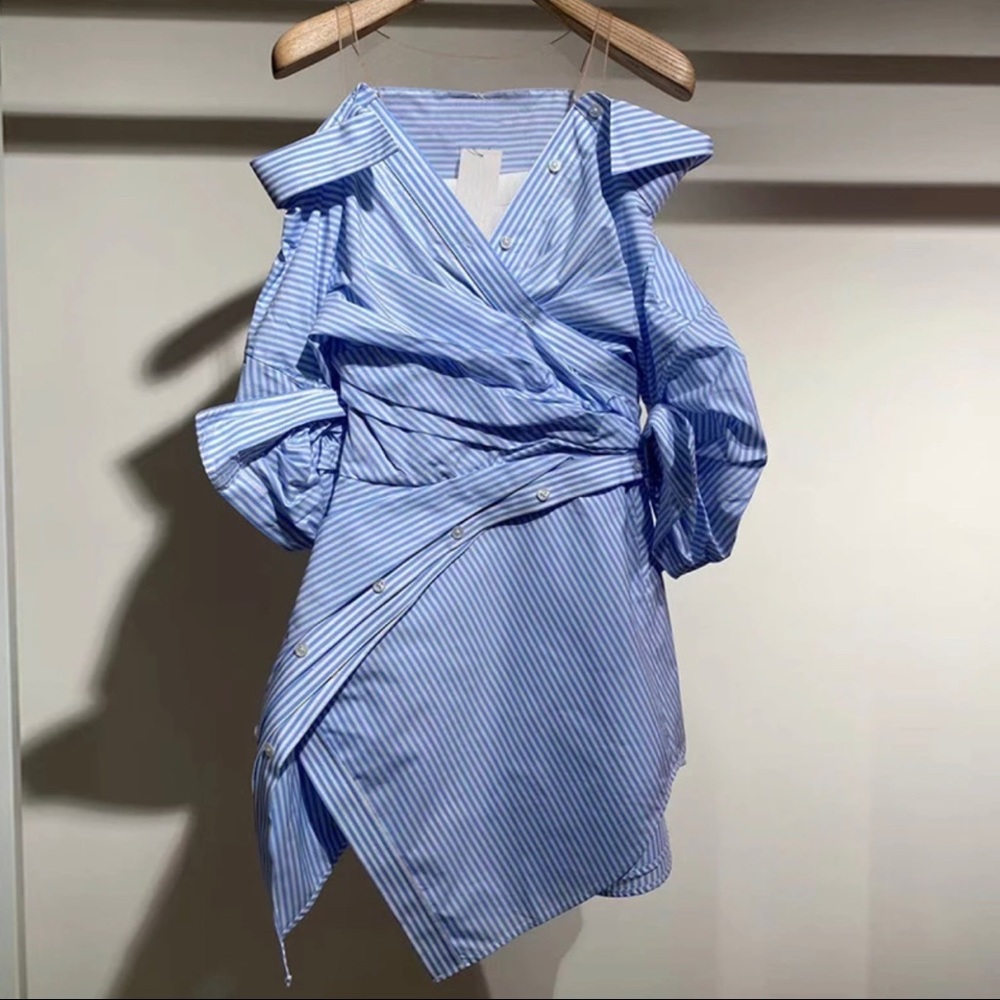 Wrap Front Deconstructed Off Shoulder Shirt Dress